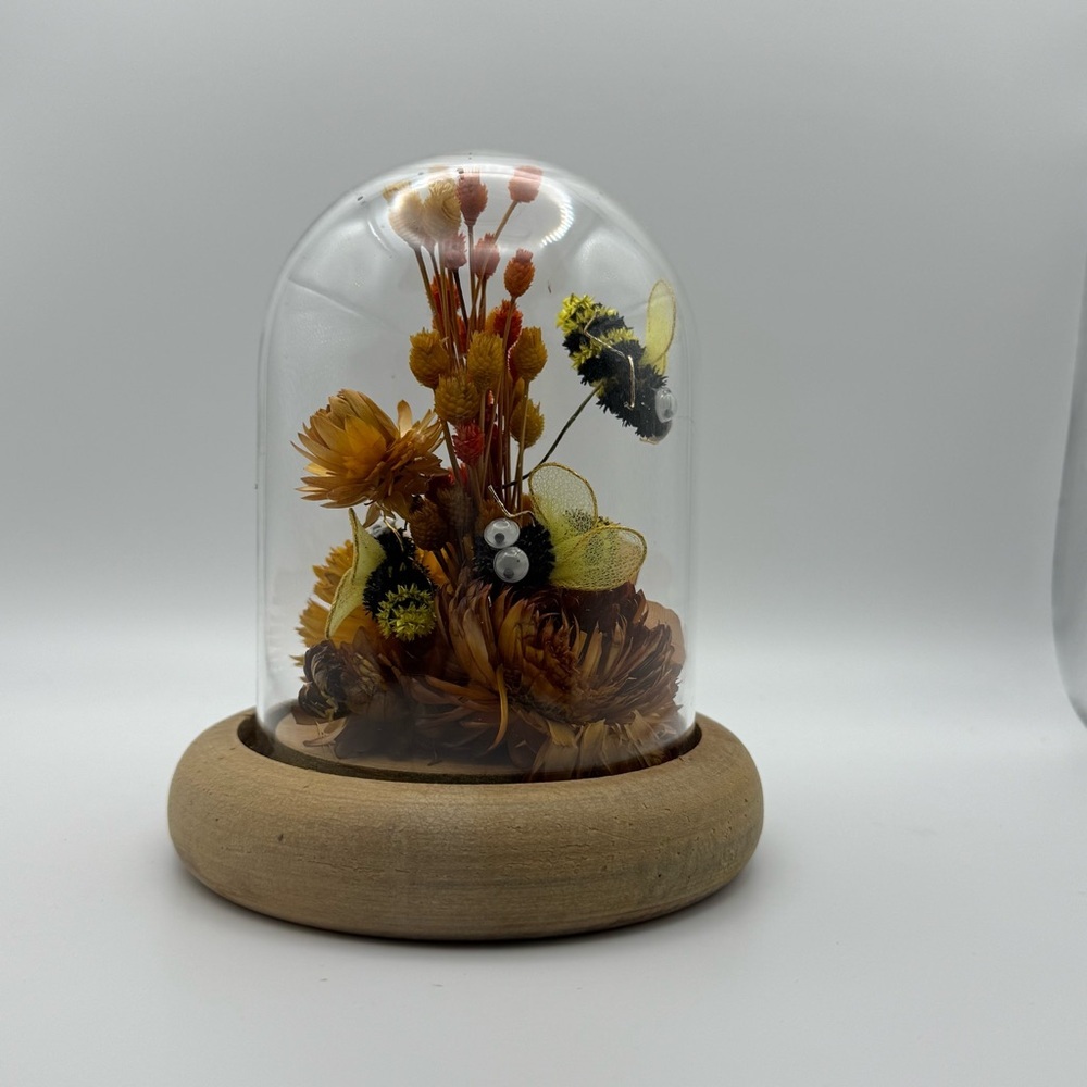 Vintage Dome with wooden base dried flowers with bees Boho cottage core